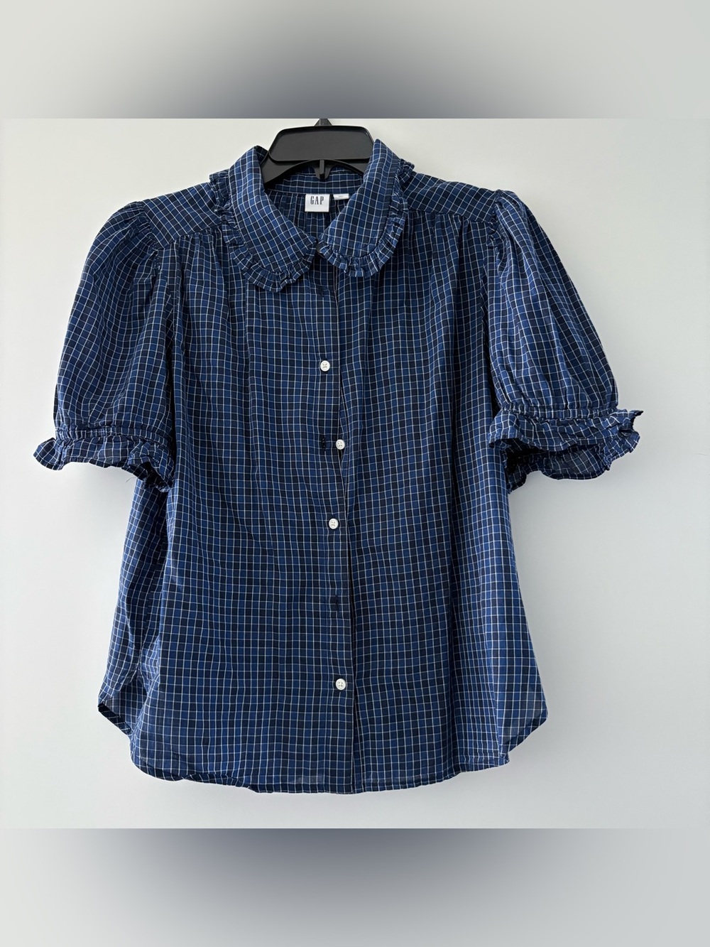 GAP Navy and White Check Puff Sleeve Button-Down Shirt